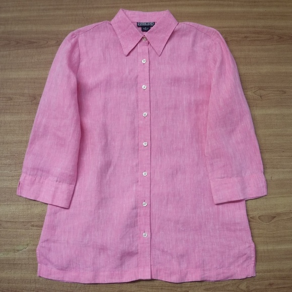 Lands' End 100%Linen Pink Button Up Blouse